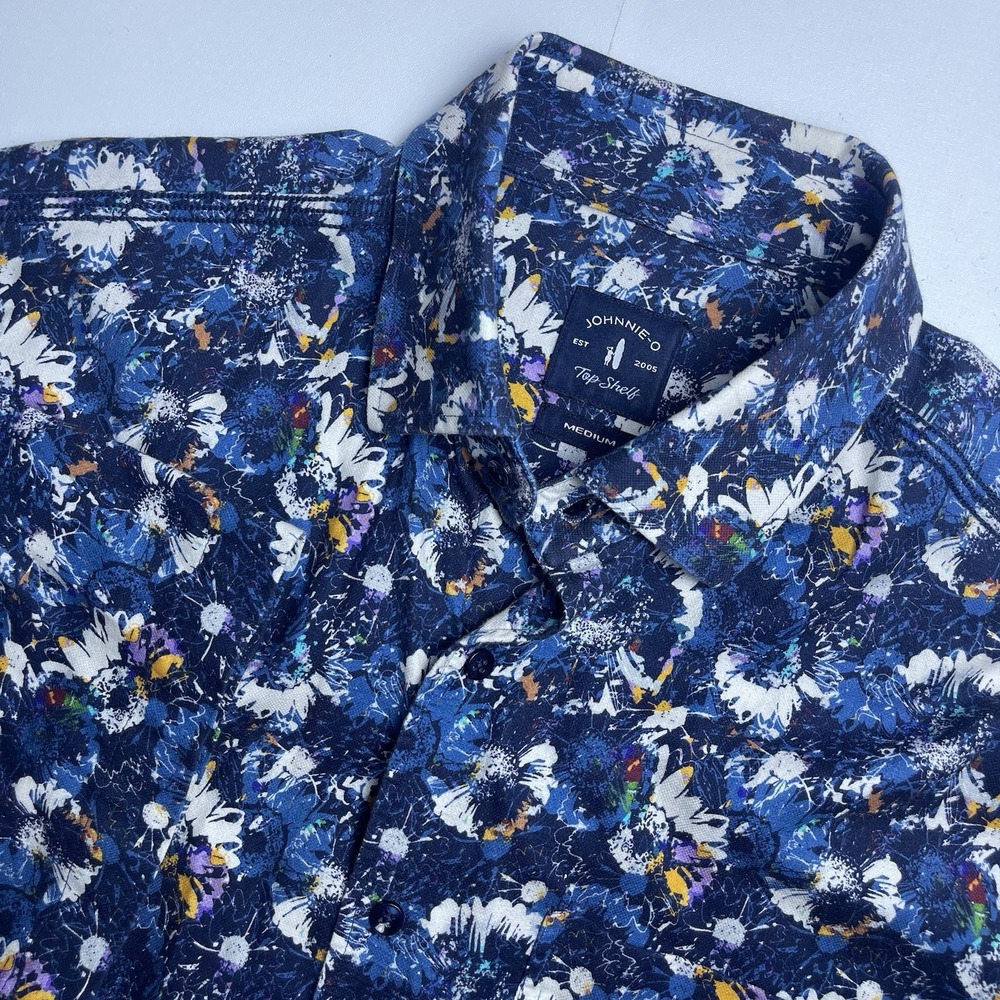 Johnnie-O Top Shelf Men's Medium Short Sleeve Button Down Shirt Blue Floral‎